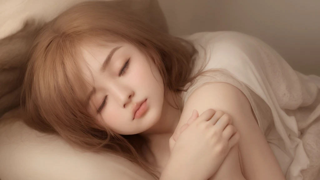 1girl, With stuffed bear, eyes closed. blush, perfect illumination, gold hair, unreal engine, side lighting, detailed face, bangs, light skin, simple background, dark background, bed, sleep, <la:makimaChainsawMan_v10:0.35