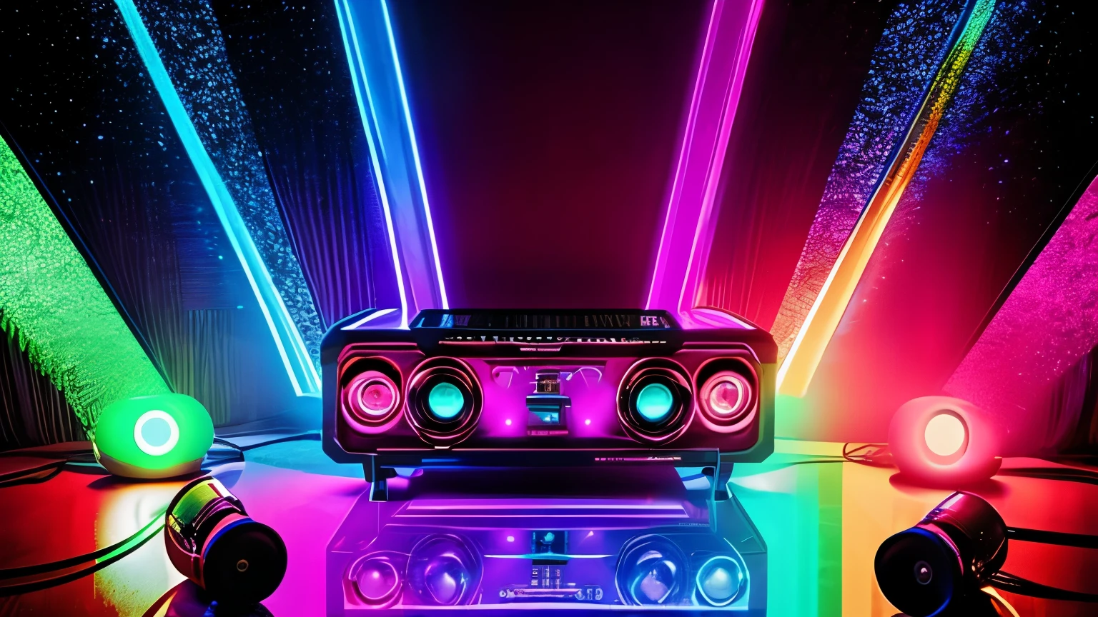 "Create a detailed 70s disco scene/80s in retro style, with mirror globes reflecting colored lights throughout the room. Huge speakers are strategically positioned, emanating a pulsating beat that fills the space with energy. Strobe lights flash to the beat of the music, creating a vibrant and electrifying atmosphere."
