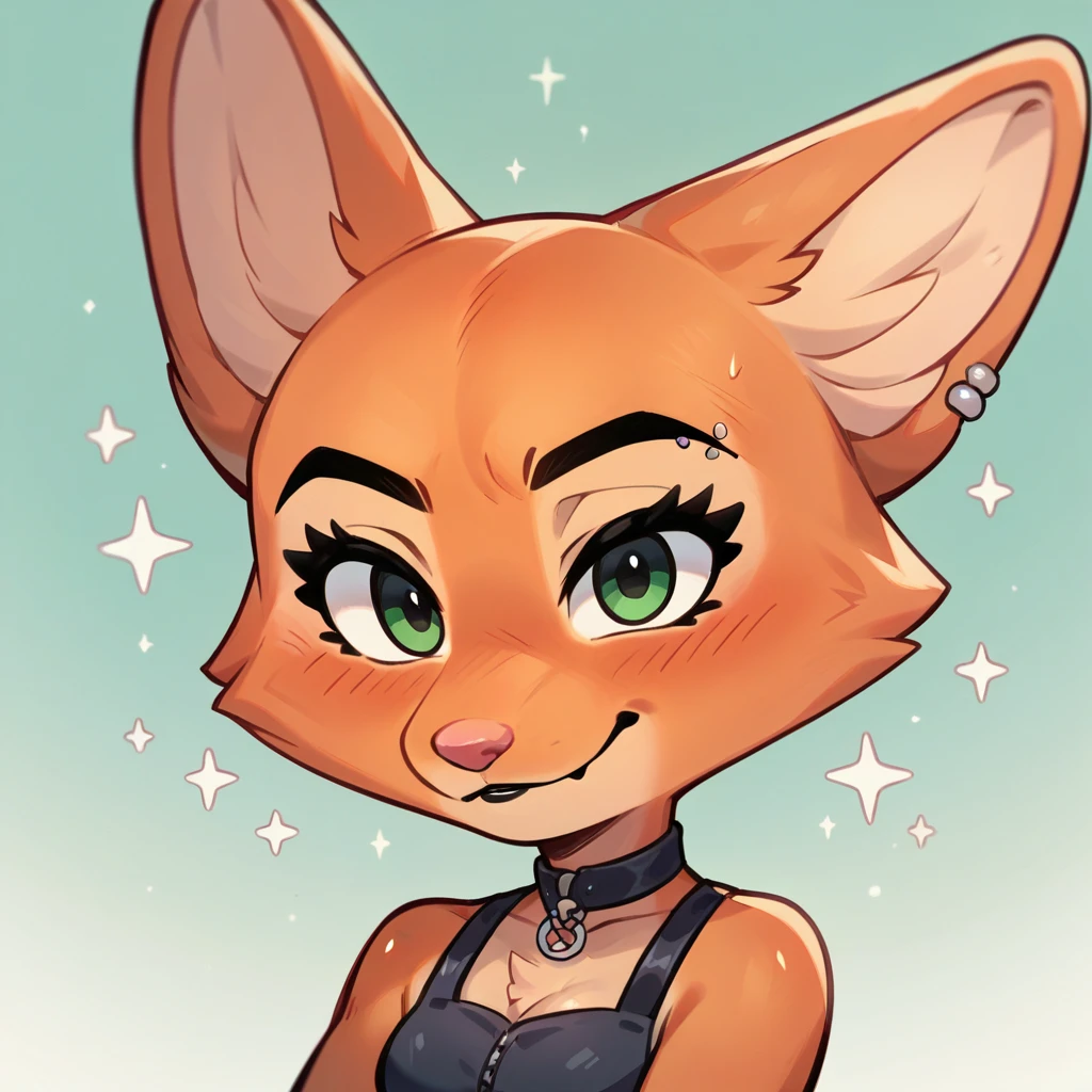 zPDXL, score_9, score_8_up, score_7_up, score_6_up, score_5_up, score_4_up, 
Diane_Foxington, fox, ginger fur, sharp black eyebrows, silver piercings on eyebrow, dusty-pink nose, black eyelashes, chibi, cute