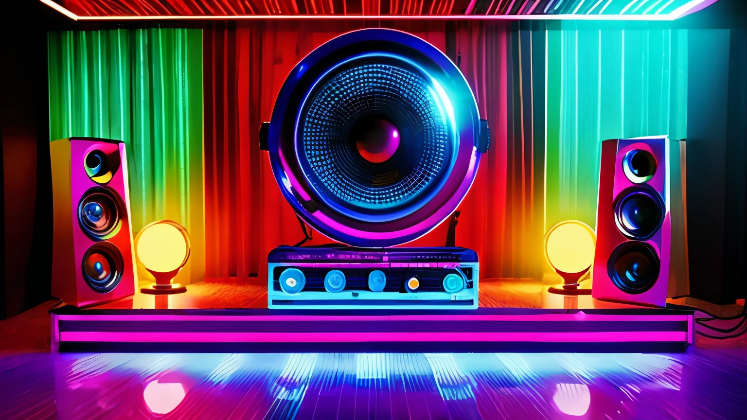 "Create a detailed 70s disco scene/80s in retro style, with mirror globes reflecting colored lights throughout the room. Huge speakers are strategically positioned, emanating a pulsating beat that fills the space with energy. Strobe lights flash to the beat of the music, creating a vibrant and electrifying atmosphere."