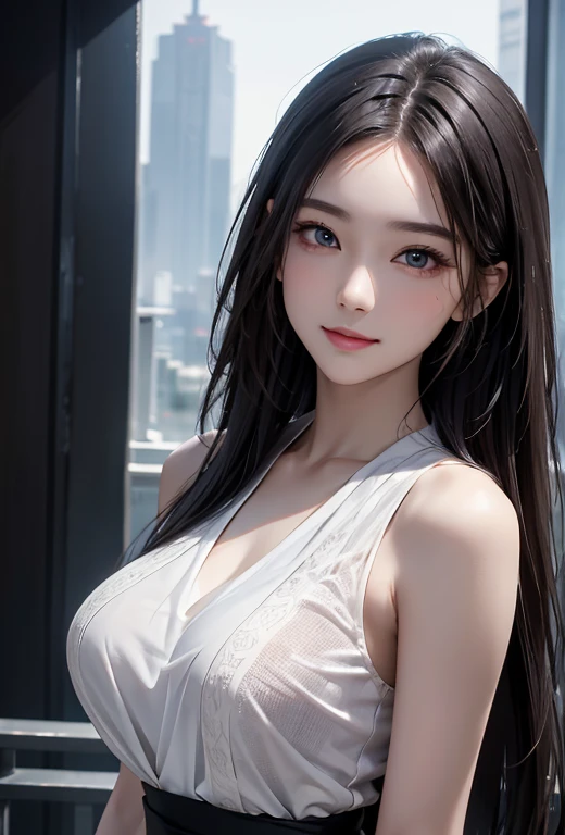 masterpiece, 1 beautiful girl, detailed, swollen eyes, Top quality, 超high resolution, (Reality: 1.4), original photo, 1 Girl, light, Smile, Japanese, Asian Beauty, Korean, Clean, Super beautiful, Young little face, Beautiful skin, slim, Cyberpunk Background, (超Reality), (high resolution), (8K), (Very detailed), (Best Illustration Award), (Beautifully detailed eyes), (Very detailed), (wallpaper), (Delicate face), Viewers Watching, Fine details, Delicate face, Purebred face_v1, Smile, 46 points side bangs, Look straight ahead, Neat clothes, Dark eyes, Sleeveless clothes, Body facing forward,