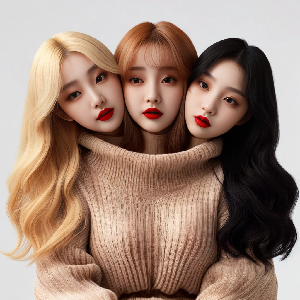 Best resolution, 2heads, young  korean woman with three heads, red lipstick sweater turtleneck, different faces