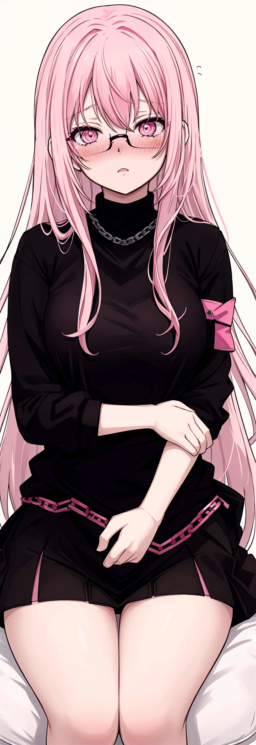 pink hair black glasses pink eyes extremely blushing a big pink sweater a short black skirt at the waist some chains black stockings that she is a reserved girl in her bed that she is hugging a stuffed animal of one among her