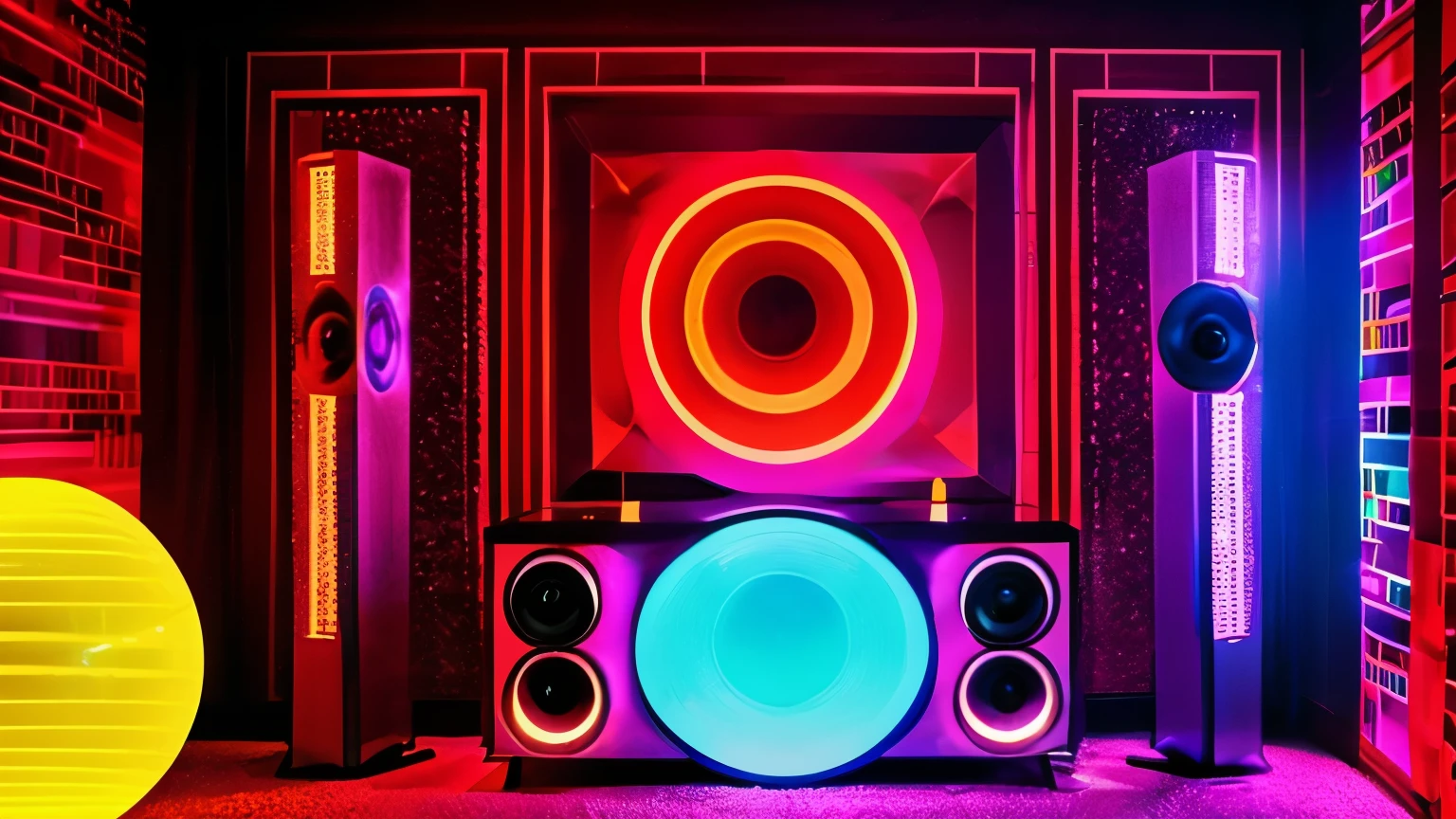 "Create a detailed 70s disco scene/80s in retro style, with mirror globes reflecting colored lights throughout the room. Huge speakers are strategically positioned, emanating a pulsating beat that fills the space with energy. Strobe lights flash to the beat of the music, creating a vibrant and electrifying atmosphere."