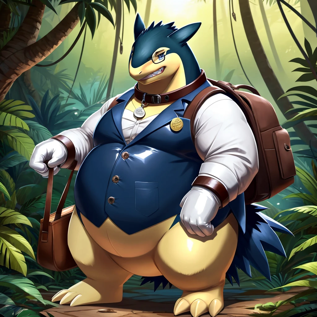Solo, Male, fat, extremely obese, gentleman, dapper Professor Typhlosion, blue eyes, (soft shading), 4k, hi res, ((detailed face, detailed)), looking at viewer, evil grin, jungle, forest, collared shirt with buttons, top hat, male focus, Explorer Outfit, glasses, monocle, bag, vest with buttons, backpack, sleeves rolled up, round eyewear, brown headwear, brown vest, Typhlosion is wearing a glossy leather dog collar around the neck, Typhlosion is wearing the leather collar and shirt and vest at the same time, Typhlosion is wearing glossy white rubber gloves on the hands, wearing white rubber gloves on the feet, Typhlosion is wearing glossy white cuffs around the wrists with cufflinks, gloves are rubber in texture, clenching teeth, clenching fists, leather collar is glossy and shiny with a lot of detail, Typhlosion is wearing gloves and cuffs and cufflinks at the same time, leather collar has a round dog-tag, leather collar is thick and detailed.