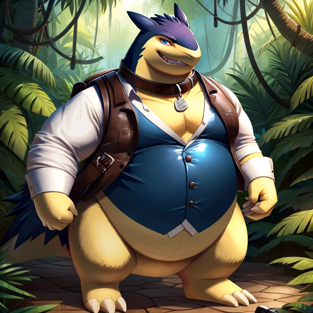 Solo, Male, fat, extremely obese, gentleman, dapper Professor Typhlosion, blue eyes, (soft shading), 4k, hi res, ((detailed face, detailed)), looking at viewer, evil grin, jungle, forest, collared shirt with buttons, top hat, male focus, Explorer Outfit, glasses, monocle, bag, vest with buttons, backpack, sleeves rolled up, round eyewear, brown headwear, brown vest, Typhlosion is wearing a glossy leather dog collar around the neck, Typhlosion is wearing the leather collar and shirt and vest at the same time, Typhlosion is wearing glossy white rubber gloves on the hands, wearing white rubber gloves on the feet, Typhlosion is wearing glossy white cuffs around the wrists with cufflinks, gloves are rubber in texture, clenching teeth, clenching fists, leather collar is glossy and shiny with a lot of detail, Typhlosion is wearing gloves and cuffs and cufflinks at the same time, leather collar has a round dog-tag, leather collar is thick and detailed.