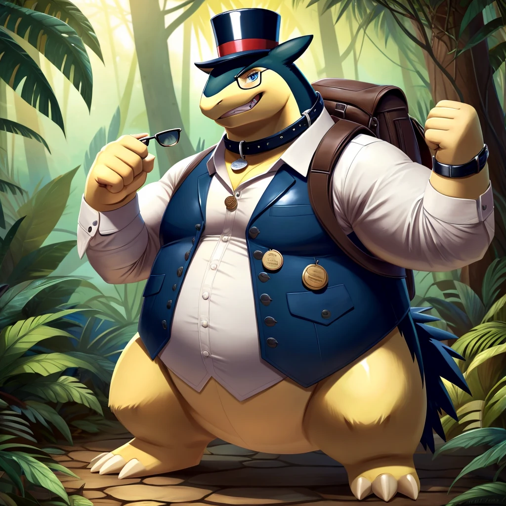 Solo, Male, fat, extremely obese, gentleman, dapper Professor Typhlosion, blue eyes, (soft shading), 4k, hi res, ((detailed face, detailed)), looking at viewer, evil grin, jungle, forest, collared shirt with buttons, top hat, male focus, Explorer Outfit, glasses, monocle, bag, vest with buttons, backpack, sleeves rolled up, round eyewear, brown headwear, brown vest, Typhlosion is wearing a glossy leather dog collar around the neck, Typhlosion is wearing the leather collar and shirt and vest at the same time, Typhlosion is wearing glossy white rubber gloves on the hands, wearing white rubber gloves on the feet, Typhlosion is wearing glossy white cuffs around the wrists with cufflinks, gloves are rubber in texture, clenching teeth, clenching fists, leather collar is glossy and shiny with a lot of detail, Typhlosion is wearing gloves and cuffs and cufflinks at the same time, leather collar has a round dog-tag, leather collar is thick and detailed.