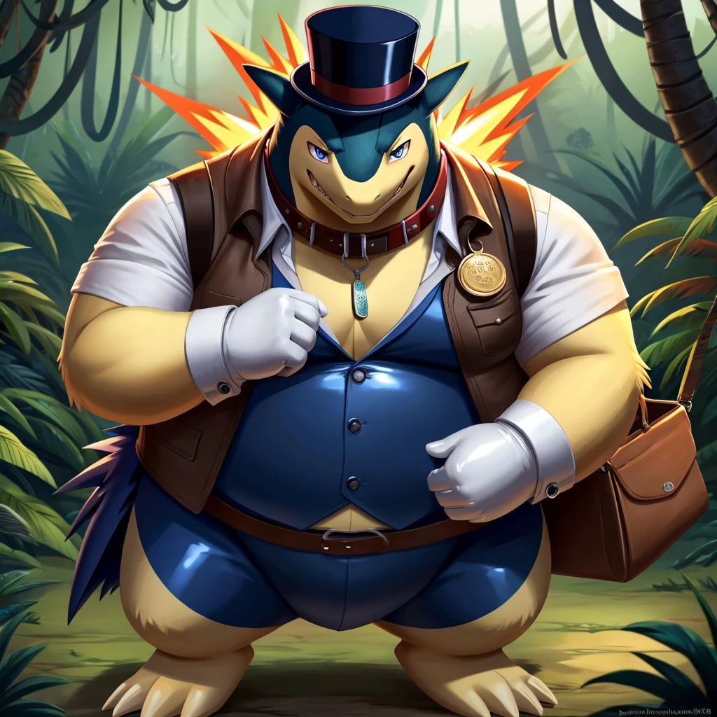 Solo, Male, fat, extremely obese, gentleman, dapper Professor Typhlosion, blue eyes, (soft shading), 4k, hi res, ((detailed face, detailed)), looking at viewer, evil grin, jungle, forest, collared shirt with buttons, top hat, male focus, Explorer Outfit, glasses, monocle, bag, vest with buttons, backpack, sleeves rolled up, round eyewear, brown headwear, brown vest, Typhlosion is wearing a glossy leather dog collar around the neck, Typhlosion is wearing the leather collar and shirt and vest at the same time, Typhlosion is wearing glossy white rubber gloves on the hands, wearing white rubber gloves on the feet, Typhlosion is wearing glossy white cuffs around the wrists with cufflinks, gloves are rubber in texture, clenching teeth, clenching fists, leather collar is glossy and shiny with a lot of detail, Typhlosion is wearing gloves and cuffs and cufflinks at the same time, leather collar has a round dog-tag, leather collar is thick and detailed.