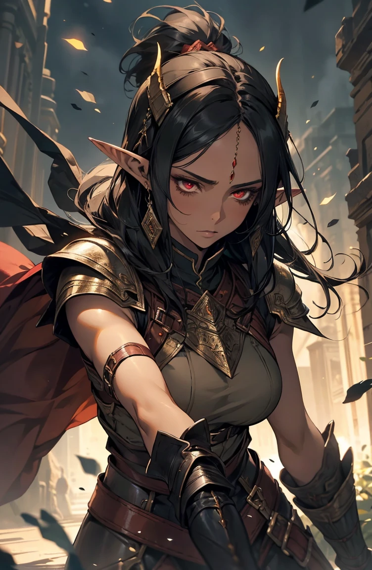 brown skin, older woman, sexy, tall, brown skin, bored, one wing, black hair, elf, elf ears, horns, red eyes, sleeveless, black armor, yellow, night, dramatic composition