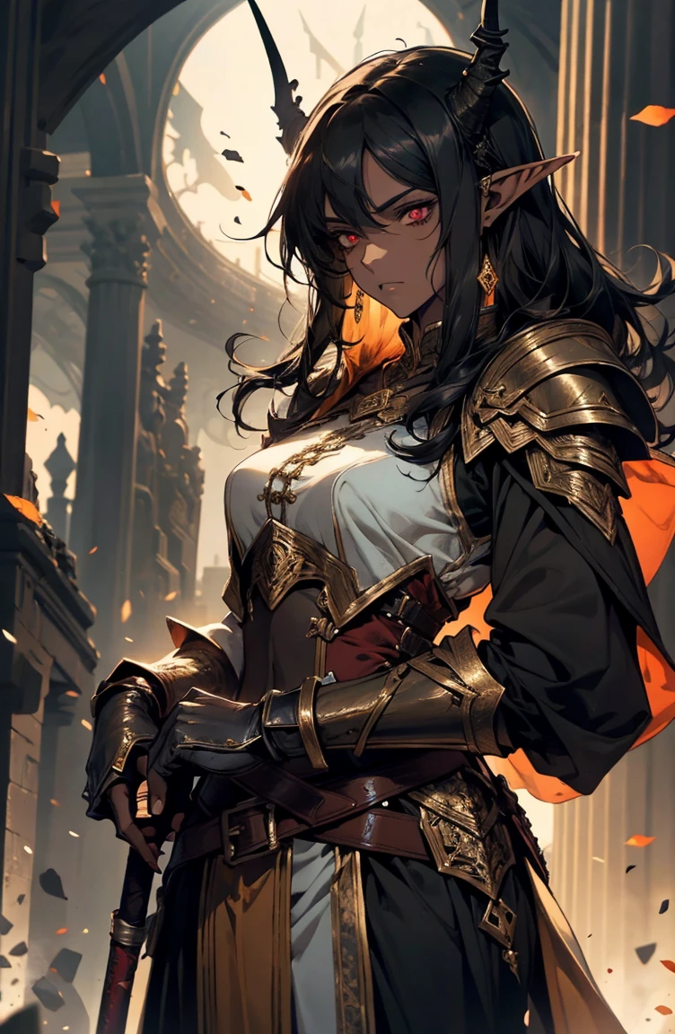 brown skin, older woman, sexy, tall, brown skin, bored, one wing, black hair, elf, elf ears, horns, red eyes, sleeveless, black armor, yellow, night, dramatic composition