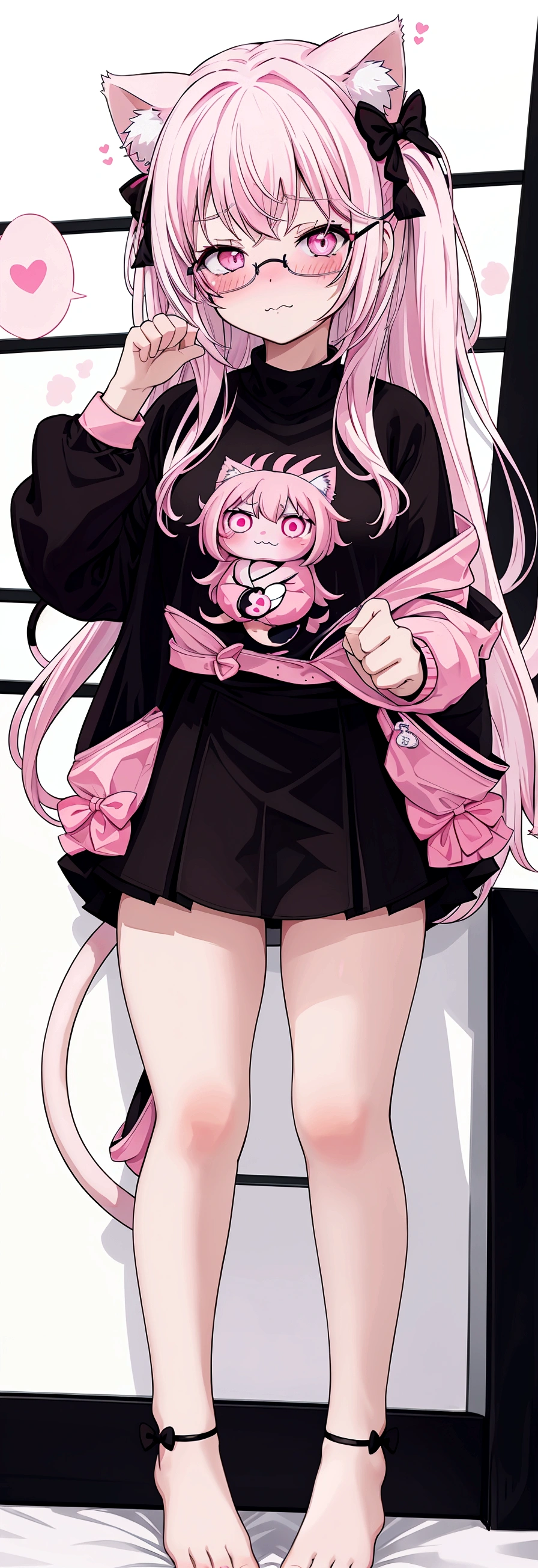 I have white pink hair, cat ears, a bow, my face is super blushing, black glasses, pink heart eyes, a big pink sweatshirt, a black skirt, black stockings, what&#39;s up, barefoot, a cat&#39;s tail, a girl Very shy