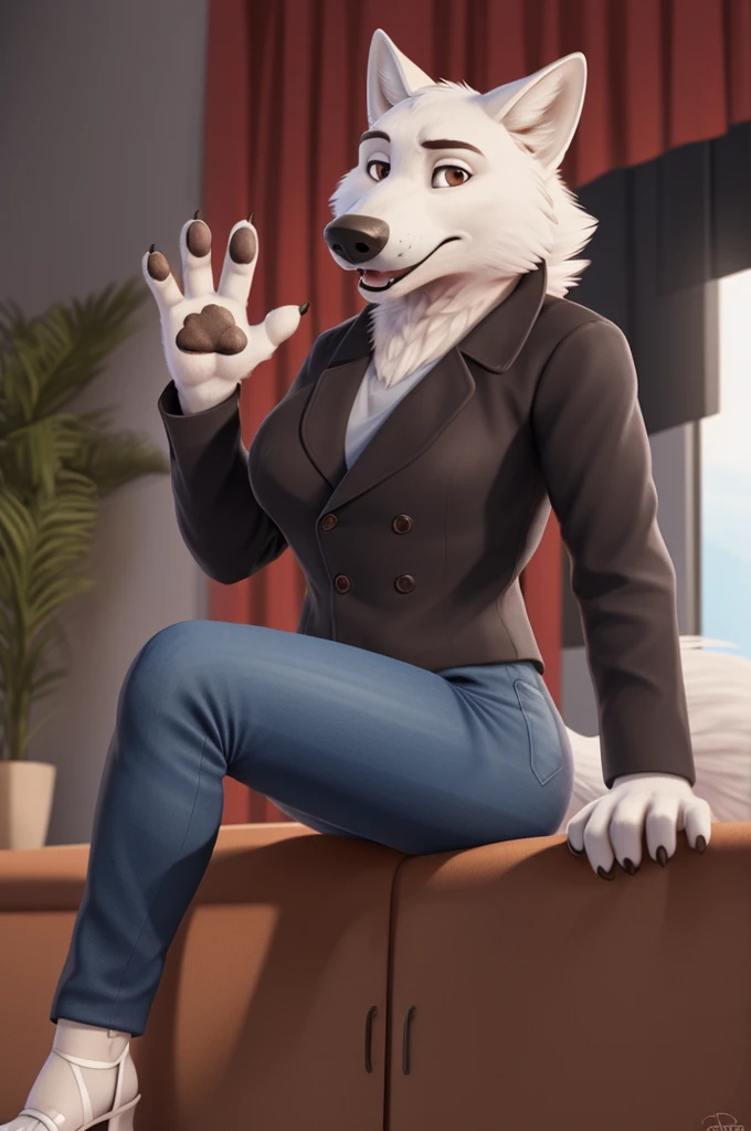 Barbara\(Moscow\), (white body:1.3), white fur, Brown eyes, Moscow, dressed, denim jacket, jeans, pink open-heeled sandals, fetish, dog, wolf, Detailed fur, Woman, breasts, anthro, paw pads , finger claws, treats guests, waving to the viewer, 5 fingers, paws, 4 toes, ring, sitting at home
BREAK from nextel, for dating, from xenoforge, (complex, high detail, film shooting, soft focus, RAW sitting at home,
Photorealism, realism, photorealism, digital style, Subsurface scattering,
masterpiece, Best quality, ultra realistic, 8k)