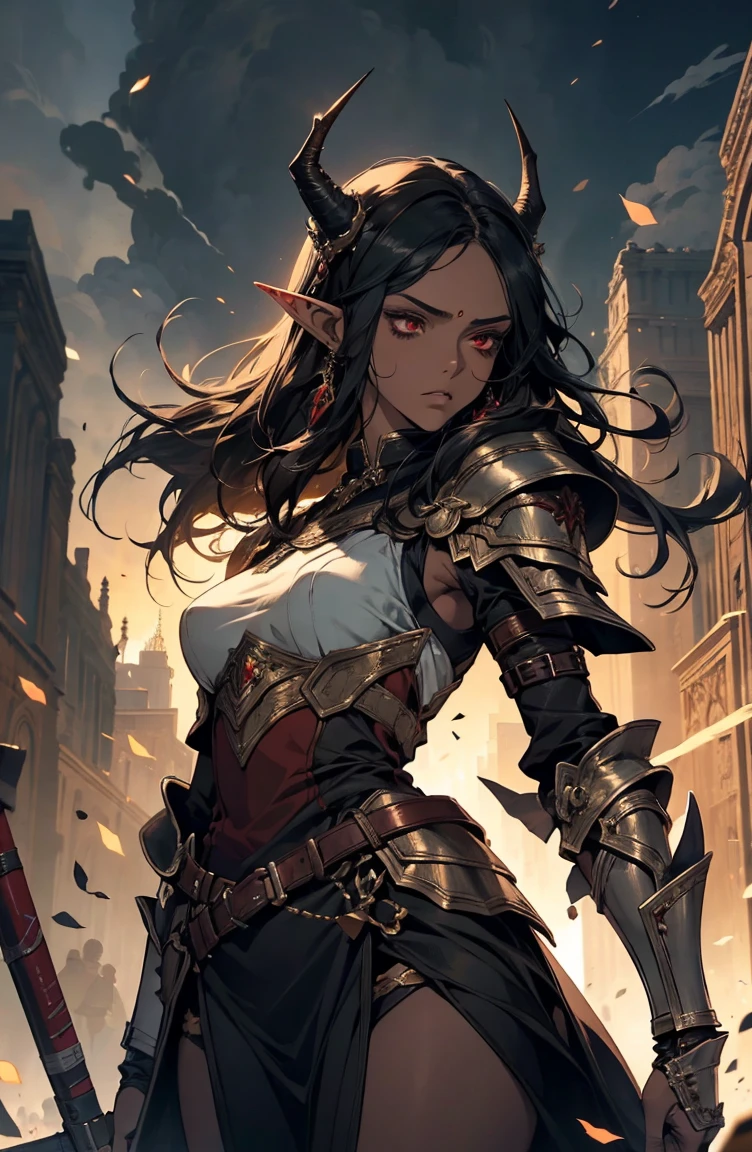 brown skin, older woman, sexy, tall, brown skin, bored, one wing, black hair, elf, elf ears, horns, red eyes, sleeveless, black armor, yellow, night, dramatic composition