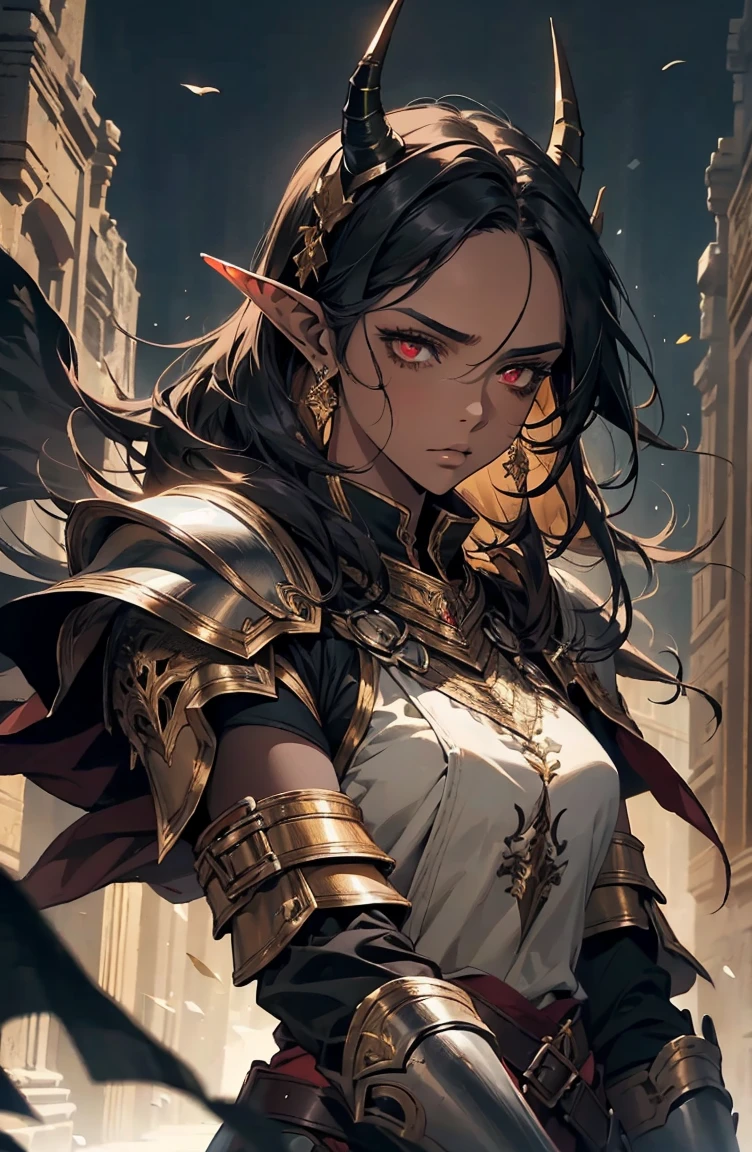 brown skin, older woman, sexy, tall, brown skin, bored, one wing, black hair, elf, elf ears, horns, red eyes, sleeveless, black armor, yellow, night, dramatic composition