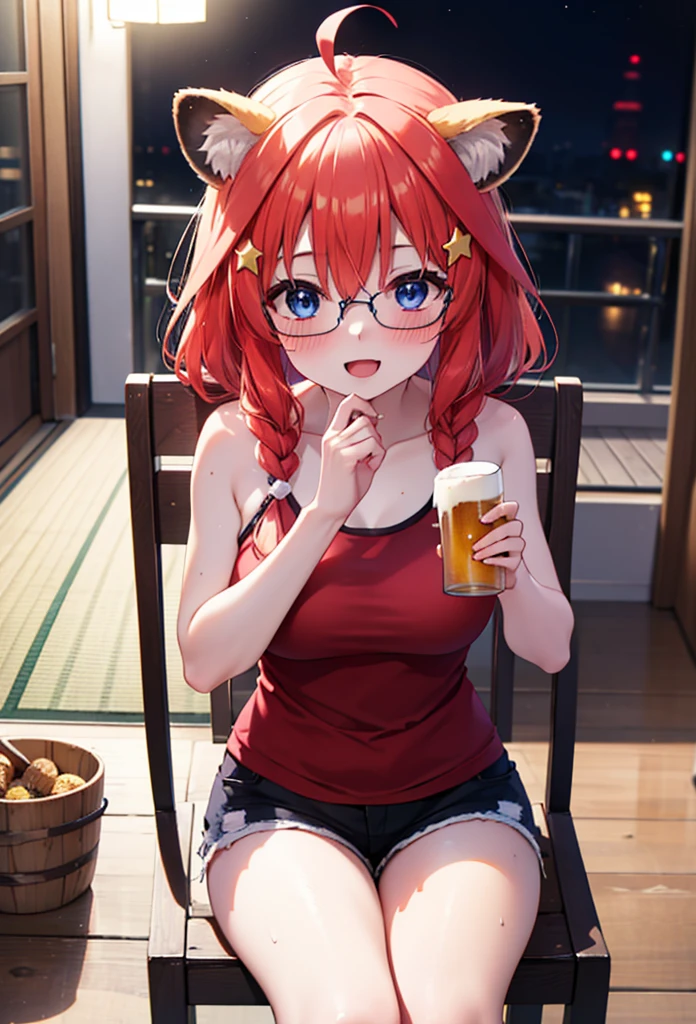 Satsuki Nakano, itsuki nakano, bangs, blue eyes, Hair between the eyes, Ahoge, Redhead, Long braids,Red-rimmed glasses,star \(symbol\), hair ornaments, smile,blush,star hair ornaments,Animal ears　 Raccoon Ears,raccoon tail,happy smile, smile, Open your mouth,blush,Drunk,White Hat,Red Tank Top,Shorts,Sandals,Beer and food on the table,Sitting in a chair,whole bodyがイラストに入るように,night,
break indoors, Izakaya,
break looking at viewer, whole body,
break (masterpiece:1.2), Highest quality, High resolution, unity 8k wallpaper, (figure:0.8), (Beautiful attention to detail:1.6), Highly detailed face, Perfect lighting, Highly detailed CG, (Perfect hands, Perfect Anatomy),