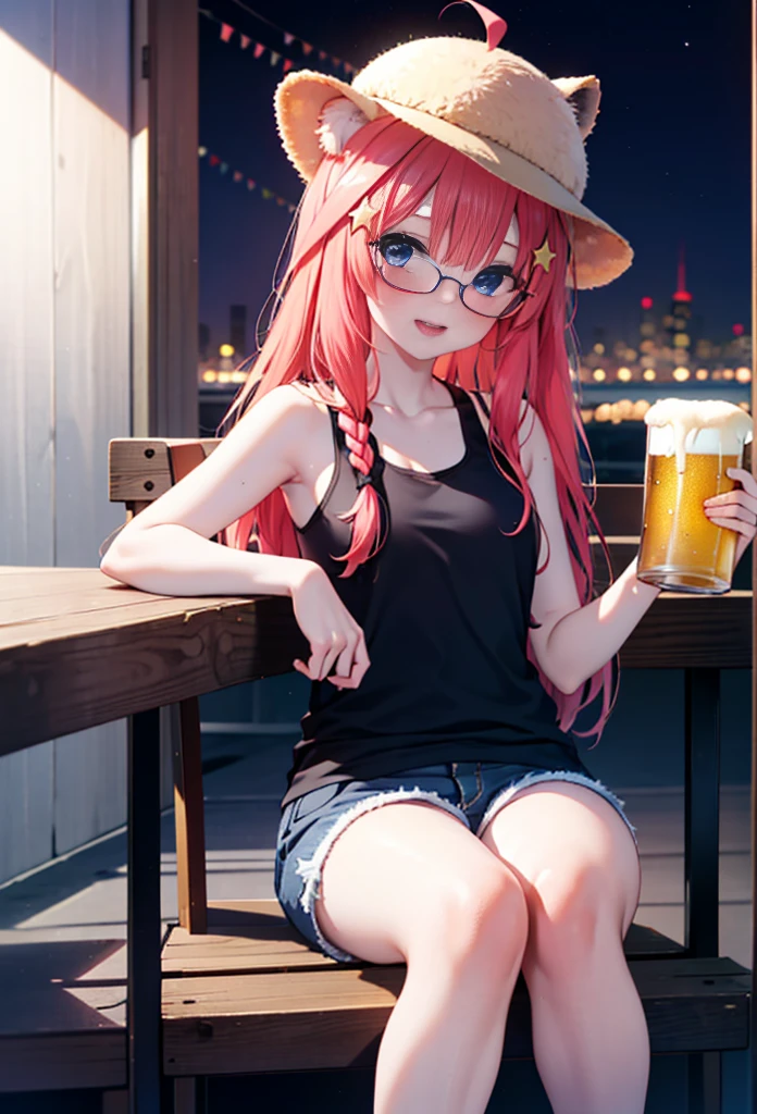 Satsuki Nakano, itsuki nakano, bangs, blue eyes, Hair between the eyes, Ahoge, Redhead, Long braids,Red-rimmed glasses,star \(symbol\), hair ornaments, smile,blush,star hair ornaments,Animal ears Raccoon Ears,raccoon tail,happy smile, smile, Open your mouth,blush,Drunk,White Hat,Red Tank Top,Shorts,Sandals,Beer and food on the table,Sitting in a chair,whole bodyがイラストに入るように,night,
break indoors, Izakaya,
break looking at viewer, whole body,
break (masterpiece:1.2), Highest quality, High resolution, unity 8k wallpaper, (figure:0.8), (Beautiful attention to detail:1.6), Highly detailed face, Perfect lighting, Highly detailed CG, (Perfect hands, Perfect Anatomy),