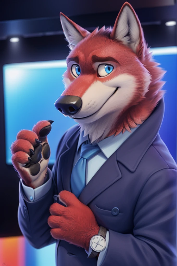 Ivan Fedorovich Wolfbach (Novosibirsk) ,tall handsome, wolf,young, 24 years, brown fur,Kind,(red body:1.3),beautiful blue eyes,Novosibirsk,dressed, Blue jacket, shirt, tie, blue pants, wolf, detailed fur, male,paw pads, finger claws,At the viewer, 5 fingers, paws, 5 fingers, smile, wrist watch, т nextel,by xenoforge, (difficult, high detail, digital photography, soft focus, RAW variety близко к камере, variety,Novosibirsk, smile, good mood, positive, Very close to the camera,presenter Moscow, TV channel Russia 1,lead photorealism, realistic, digital style, Subsurface scattering,looks at the squares, News studio, a good mood, funny, 
masterpiece, Best quality, ultra realistic, 8 thousand.)