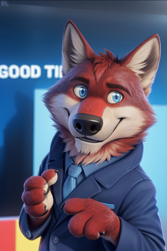Ivan Fedorovich Wolfbach (Novosibirsk) ,tall handsome, wolf,young, 24 years, brown fur,Kind,(red body:1.3),beautiful blue eyes,Novosibirsk,dressed, Blue jacket, shirt, tie, blue pants, wolf, detailed fur, male,paw pads, finger claws,At the viewer, 5 fingers, paws, 5 fingers, smile, wrist watch, т nextel,by xenoforge, (difficult, high detail, digital photography, soft focus, RAW variety близко к камере, variety,Novosibirsk, smile, good mood, positive, Very close to the camera,presenter Moscow, TV channel Russia 1,lead photorealism, realistic, digital style, Subsurface scattering,looks at the squares, News studio, a good mood, funny,
masterpiece, Best quality, ultra realistic, 8 thousand.)