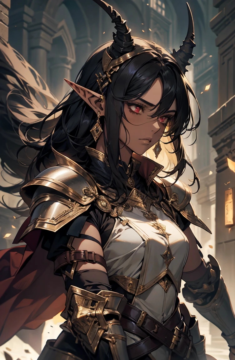 brown skin, older woman, sexy, tall, brown skin, bored, one wing, black hair, elf, elf ears, horns, red eyes, sleeveless, black armor, yellow, night, dramatic composition