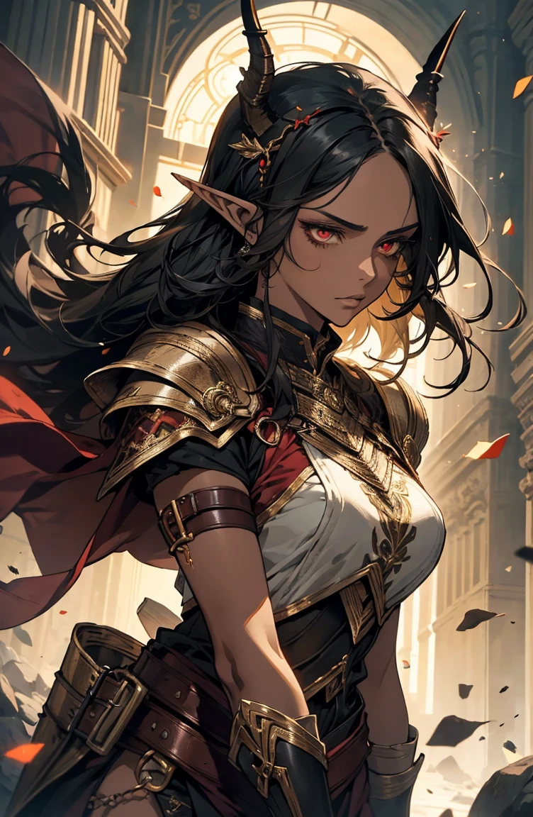 brown skin, older woman, sexy, tall, brown skin, bored, one wing, black hair, elf, elf ears, horns, red eyes, sleeveless, black armor, yellow, night, dramatic composition