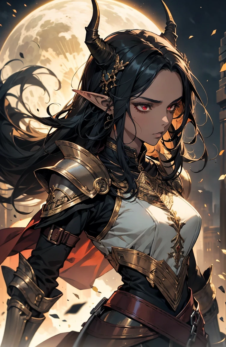 brown skin, older woman, sexy, tall, brown skin, bored, one wing, black hair, elf, elf ears, horns, red eyes, sleeveless, black armor, yellow, night, dramatic composition