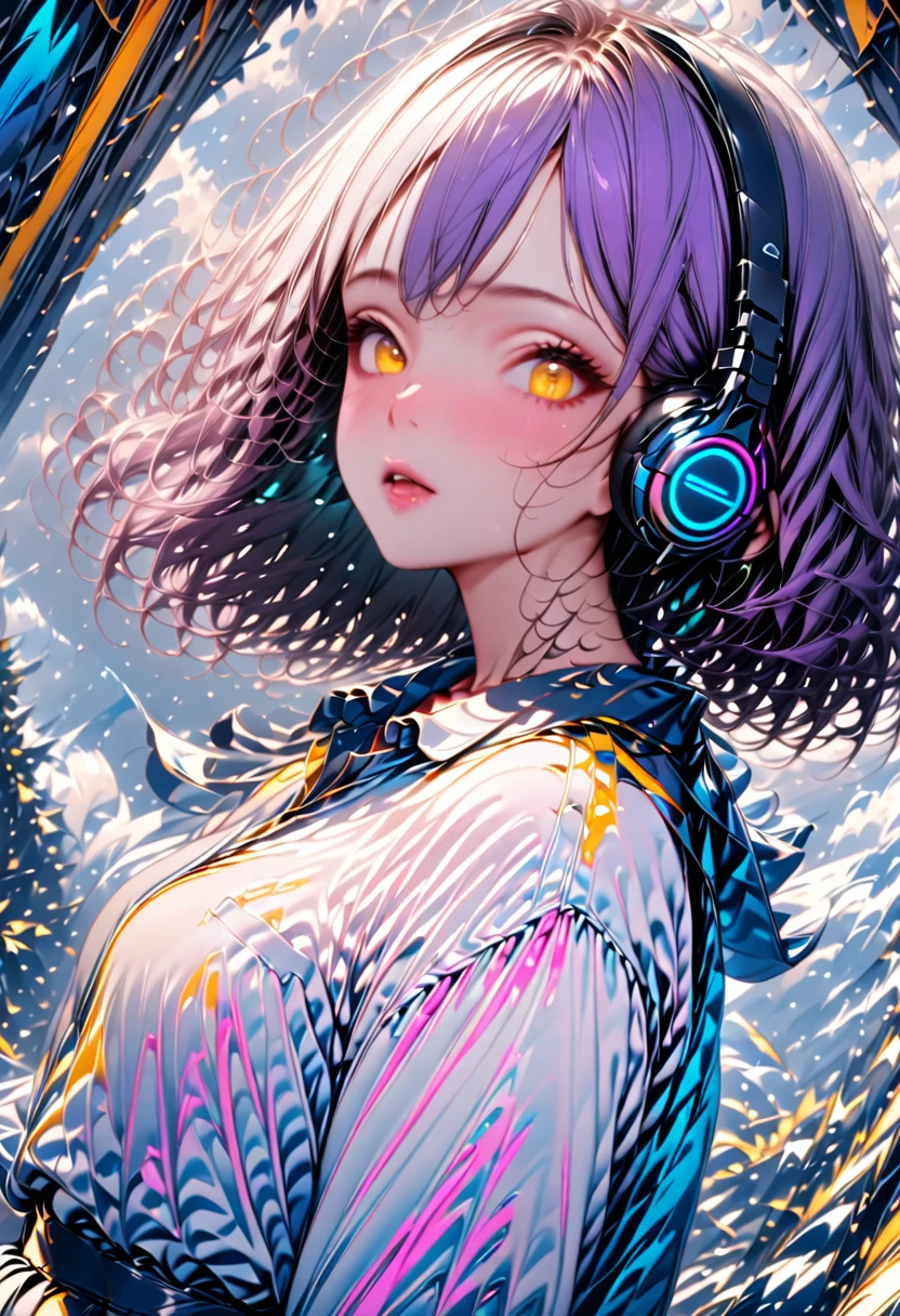masterpiece,Ultra-realistic,32k,Highly detailed CG Unity 8k wallpaper, Highest quality, 1 Girl, whole body, Fallen, In the sky, headphone, (cloudy:1.1), Lofi Color, Neon color,Dynamic vibes,Yellow Eyes,Purple Hair,