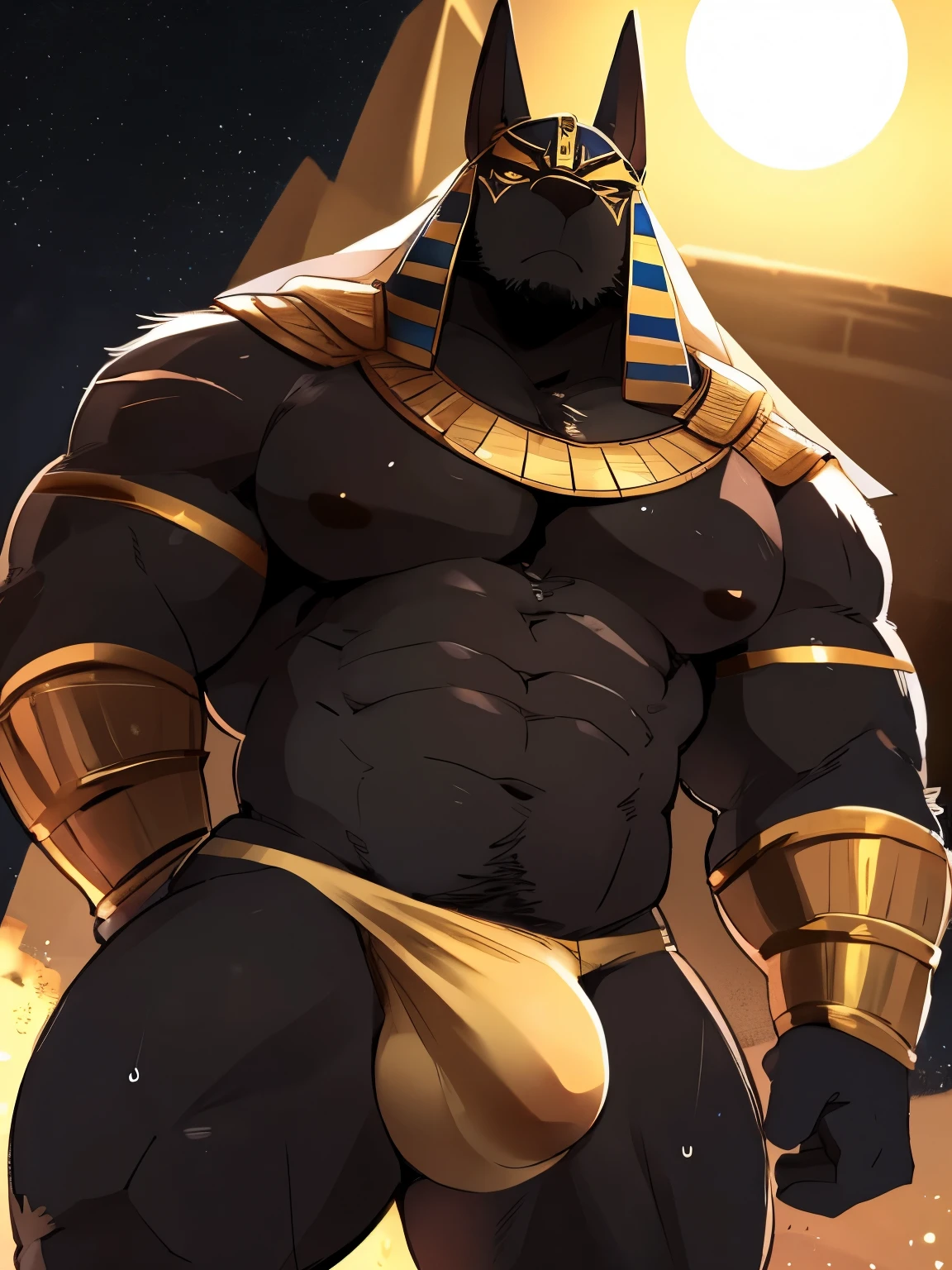 Muscular, male, furry, fluffy, Covered scars, bare chest, hot, (wet: 1.3), abs, wide body, egyptian jewelry, egyptian armor, Looking at viewers, thick beard , (bara pecs: 1.1), anthro jackal, anubis mask, black body, black furr chest, wide body, (big chest: 1.3) , (arms behind back: 1.1), thick thighs, jock strap, (bulge: 1.1), barely visible genitals, detailed genitals outline , intimidating frown expression, gold nipples ring, dark dramatic lighting, desert pyramids, night time, low angle, dutch angle, by hyaku , by darkgem