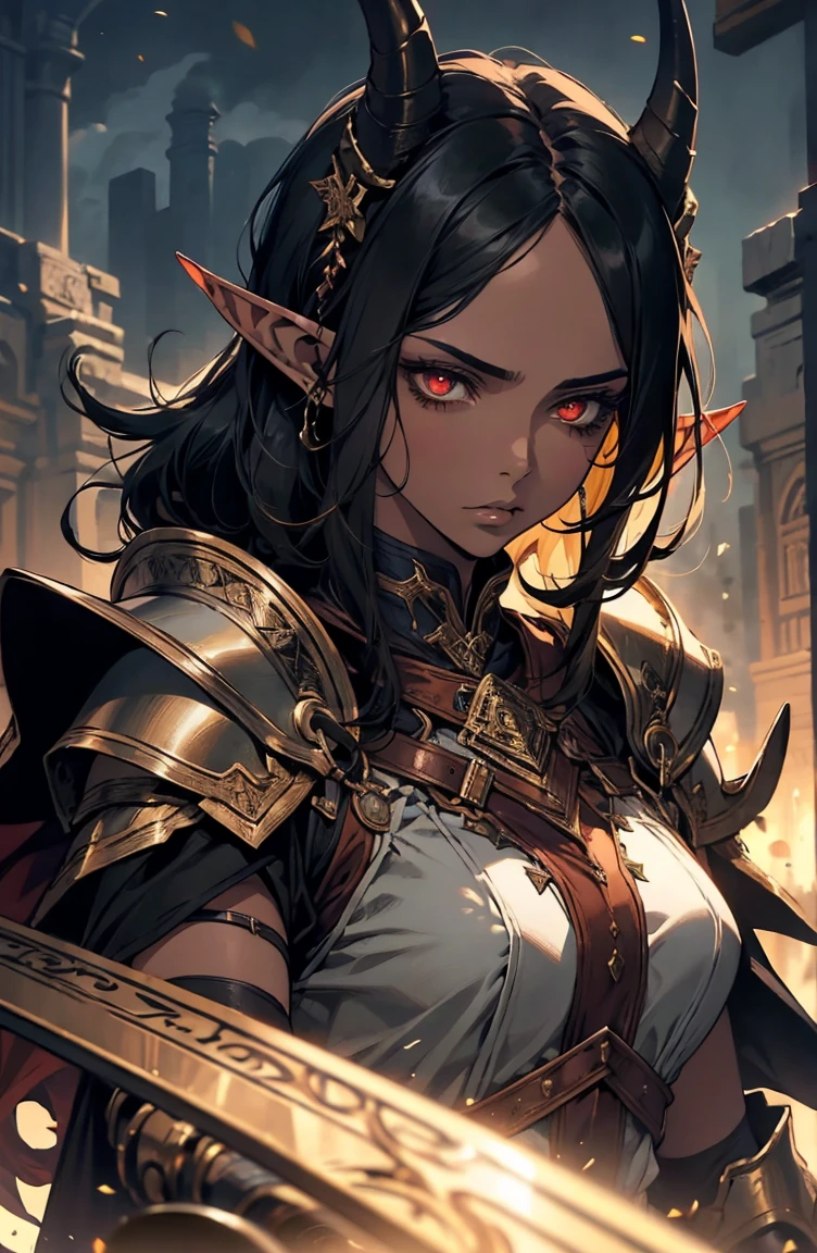 brown skin, older woman, sexy, tall, brown skin, bored, one wing, black hair, elf, elf ears, horns, red eyes, sleeveless, black armor, yellow, night, dramatic composition