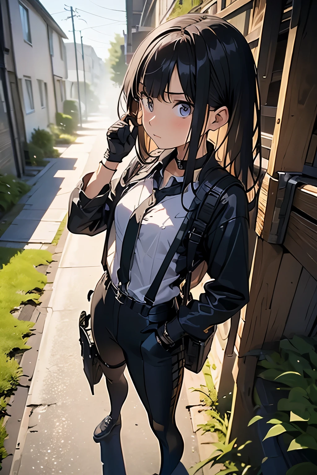 high quality, masterpiece, Ultra-high resolution, (realism: 1.4), Oil painting style, Cinema Lighting, An endless grassland dotted with a few houses, I stood on the empty asphalt road and looked at it., Fairy Mountain々was shrouded in mist, And the suspenders with the cranes flying Moderate breasts Small face holster Lying in bed Looking up Sweat belt summer 脇Sweat Black Hole Gloves suit shirt Black jacket Black trousers Leg Links ズボンにbelt holster Hands behind your back Anxious expression Looking up Anxious face profile Iron on the wrist Chain on wrist Handcuffs on wrists