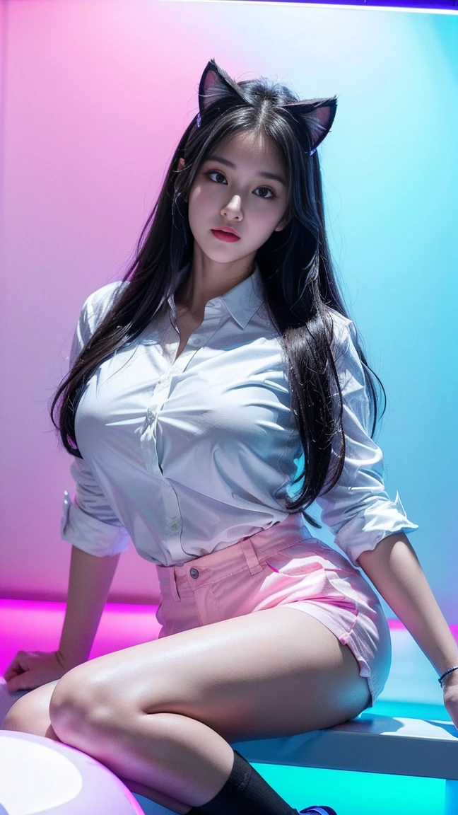 girl、Heaven、hotel、Black long straight hair、Glowing neon lights、Electronic Game Room、Sitting in a gaming chair、girl子玩游戏、Illuminated keyboard、Glowing cat ears、(((UV lamps、White shirt glowing under black light)))、Plump large breasts、Large cleavage、Satin shorts