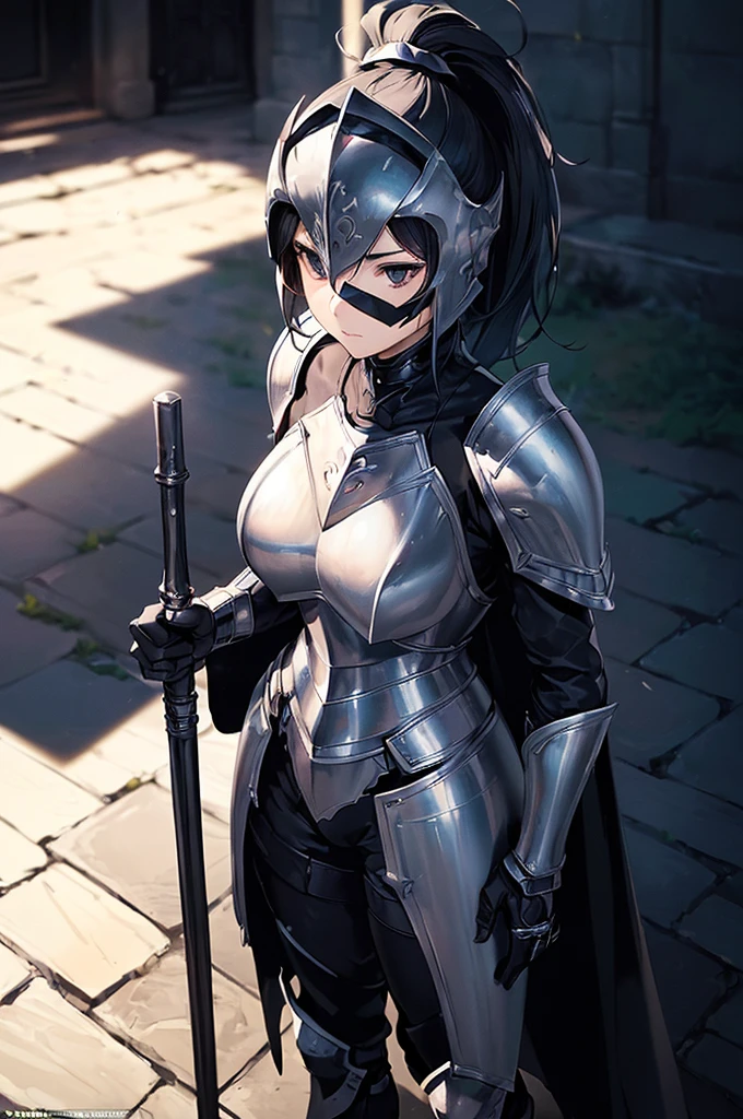 (masterpiece; best quality: 1.2), ((full armored knight woman)), ((solo)), (black eyes: 1.4), (body; toned, lithe, muscular: 1.3), (beautiful and clear background: 1.2), ((depth of field)), (equipment: full plate all-dark full-black realistic armor + closed helmet with ponytail + black cape: 1.3), (anime illustration: 1.2), (background composition; garden exterior + furniture: 1.1), (extremely fine and beautiful: 1.1), (shot composition; standing + centered on torso + close-up: 1.5)
