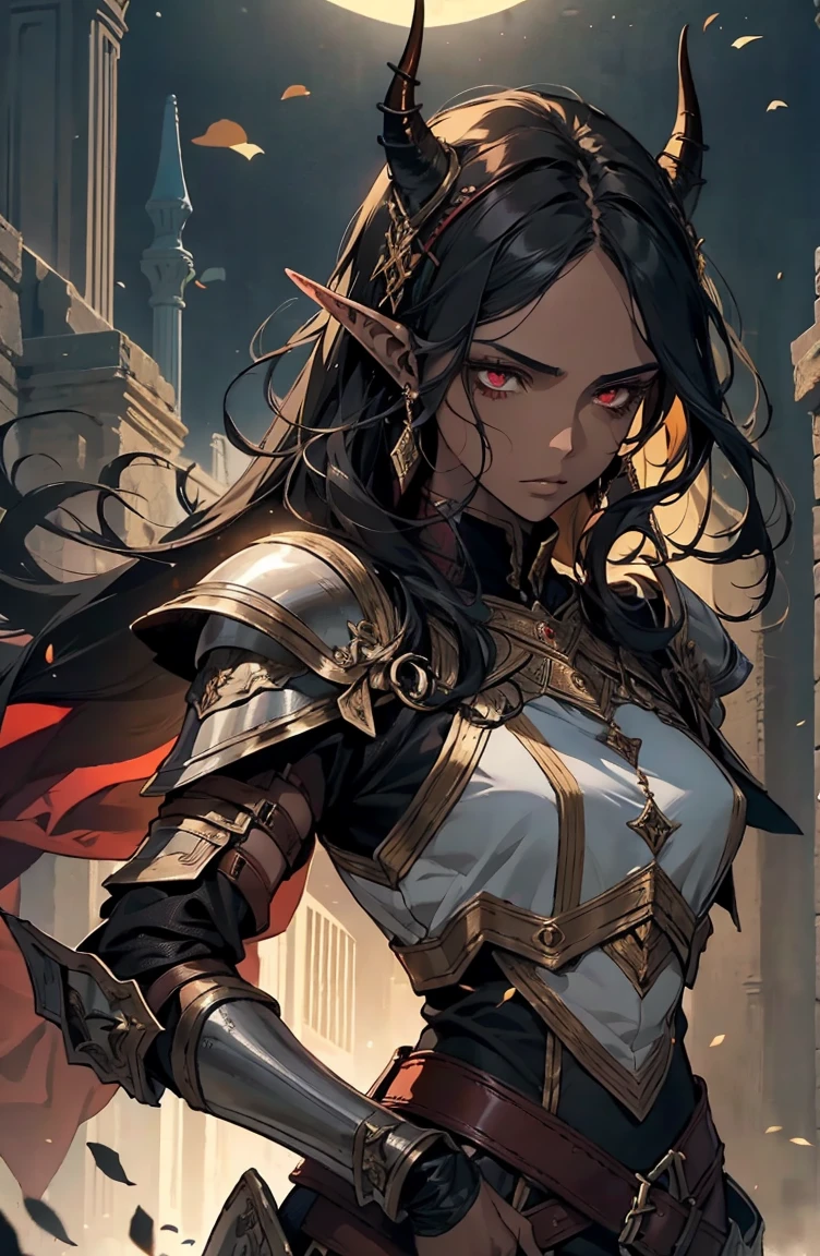 brown skin, older woman, sexy, tall, brown skin, bored, one wing, black hair, elf, elf ears, horns, red eyes, sleeveless, black armor, yellow, night, dramatic composition