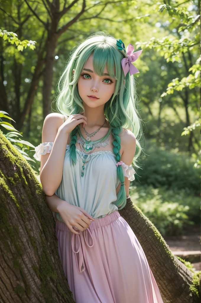Zephyr would be in a relaxed pose, maybe leaning against a tree with your bow resting on your shoulder. Her green hair would blow in the wind, and her pink eyes would sparkle with a touch of mischief. Your sloppy outfit would highlight your carefree and free personality..