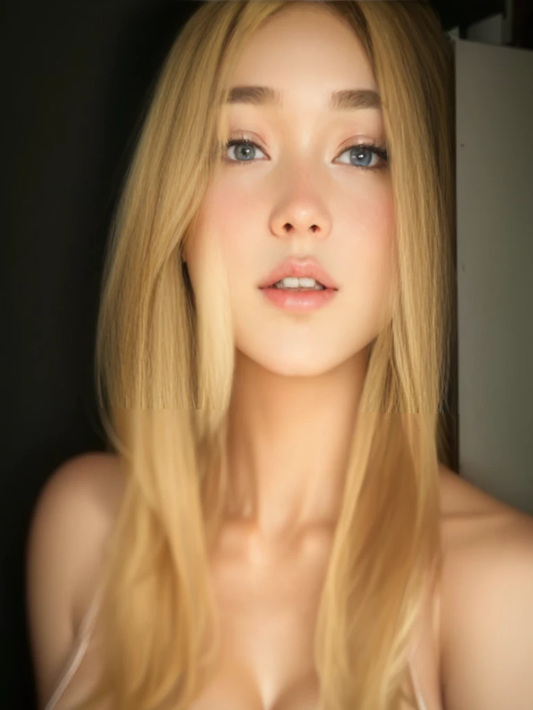 blonde Girl, Beautiful,  symmetric Face, 17 Yormous Breasts ,((neglected )),,((very nsfw))((lace negilgé)) touching each other o long blonde curly and wavy golden Hair tied in a ponytail, adorable masterpiece ((yellow honey colored eyes)) , very thick hourglass figure body, closeup view , soft dark ambient lights,both looking at viewer.
