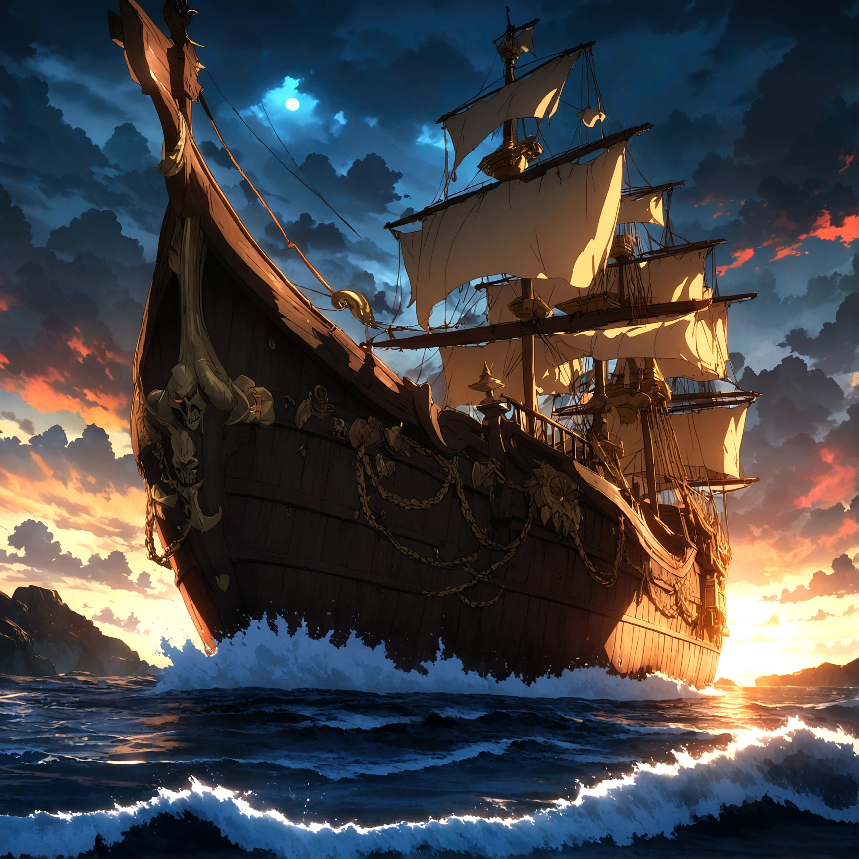 Pirate Galleon, Dark wood, red details on the hull, red skull with horns on the front of the ship, glowing eyes, stormy ocean background, "One Piece-inspired anime features, drenched in dramatic and incredible lighting, dramatic lighting, infused with creative details, ultra-fine 2D design, scenery bathed in creativity, bathed in creativity, boasting HD anime resolution clarity, HD anime graphics, high-octane rendering"
