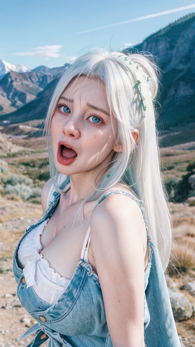 Beautiful Girl, Beautiful, Baby Face, 30 Years Old, White Skin, Big Breasts, ((Coatumes)), Pastel Colors, Green Eyes, Mountain valley background, Masterpiece, ((White hair)), Sleeveless, Front Fancing, ( (Portrait:1.1 )), ((Tear:1.2)), 2 open shirt buttons, v-shaped chest. ((cowboy shot from behind)), ((she Screaming loudly in fear)).