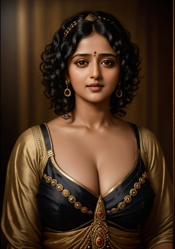 Looks like Anushka Shetty, a photo portrait of a beautiful girl 40 years old, with curls, styled black hair, (face portrait:1.5), dramatic light, Rembrandt and she had a big boobies 