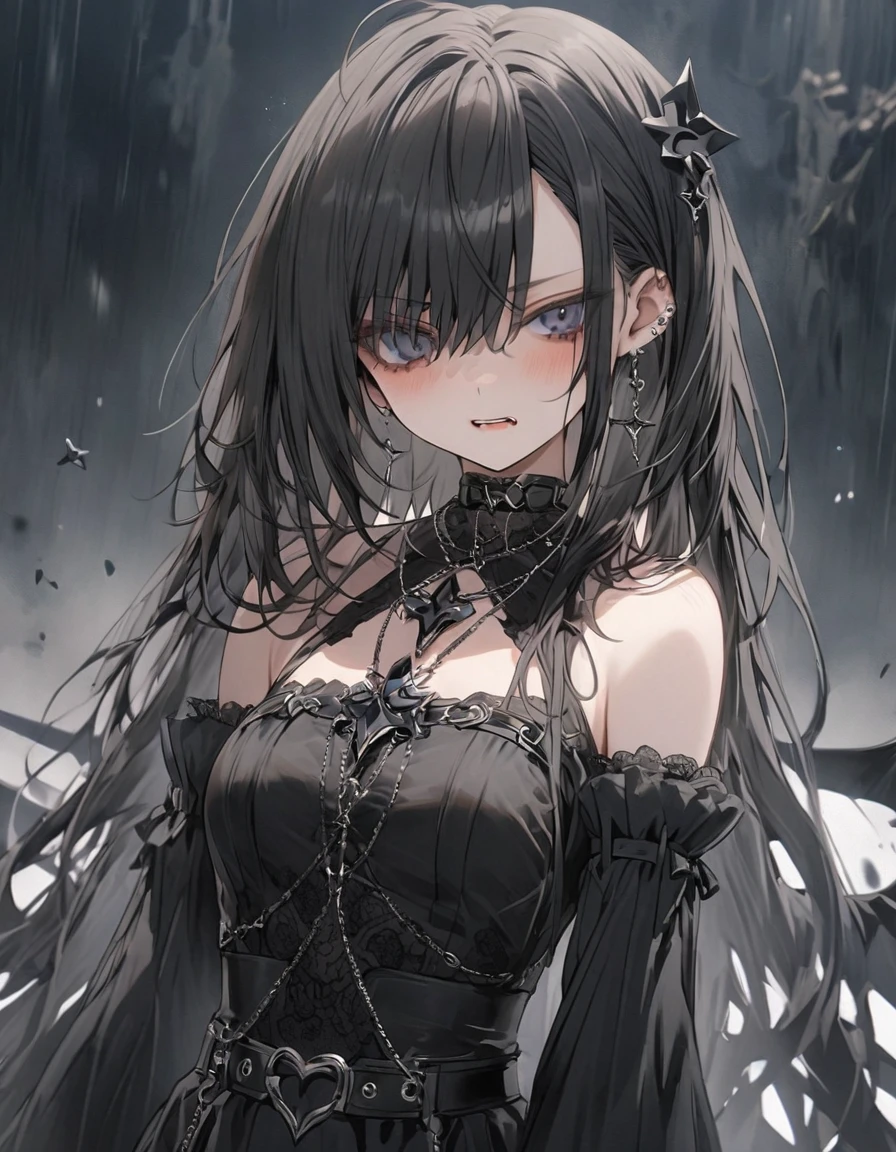 Black girl wearing jewels　Holding a black jewel。despair　anger　pain　pleasure　Resignation　dear　sorrow　destiny　Calm expression　Belt on torso　Black Costume　Gothic Girl