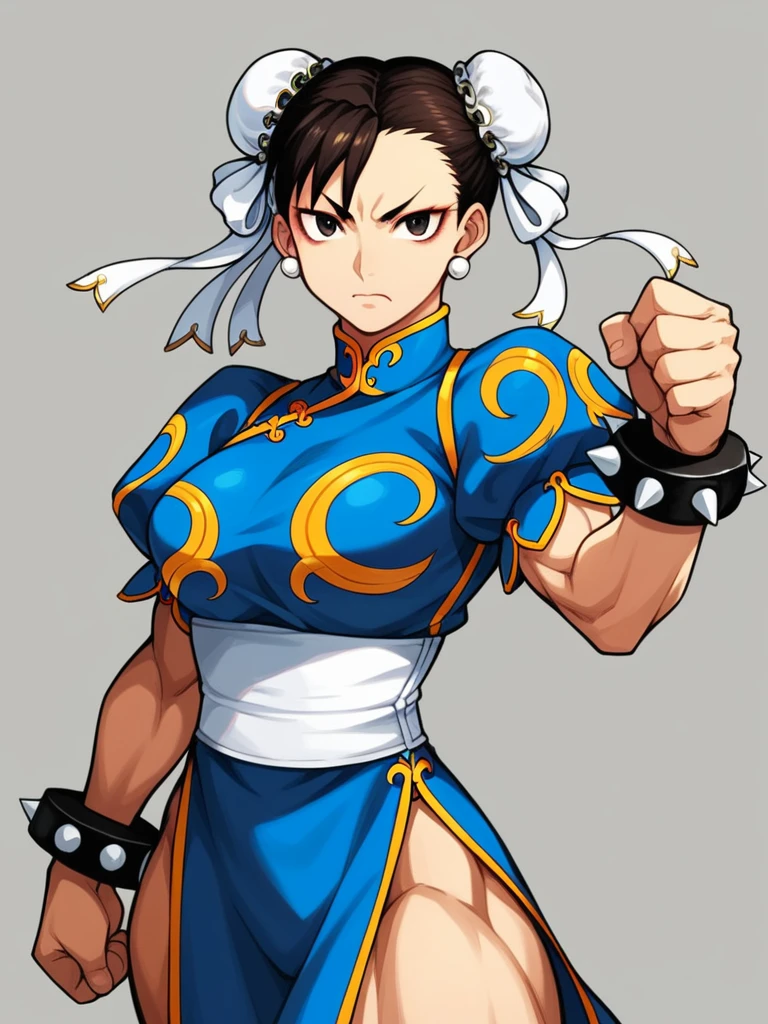 in kinu-sensei artstyle, Kinu Nishimura style, muted pastel colors, medium breasts, Chun-Li, The image features Chun-Li, a character from "Street Fighter 2." She is depicted with a stern expression and a strong stance, Chun-Li has her signature hairstyle with twin buns adorned with white ribbons. Her outfit is a traditional Chinese qipao in a vibrant blue color with gold accents, featuring puffy sleeves and a high collar. She wears spiked bracelets on both wrists. The art style combines realistic proportions with a semi-realistic shading technique, highlighting her muscular build and dynamic pose.

**AI Art Prompts:**
"Chun-Li from Street Fighter 2, detailed character design, traditional Chinese qipao, vibrant blue and gold colors, twin buns with white ribbons, stern expression, dynamic pose, muscular build, semi-realistic shading, spiked bracelets, high collar, puffy sleeves, in kinu-sensei artstyle