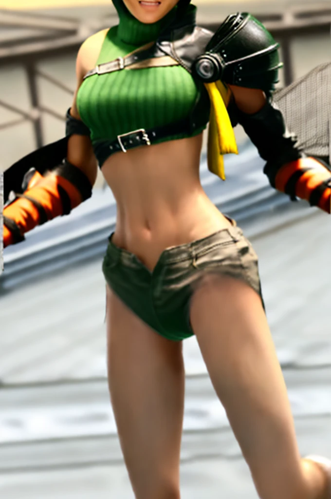 A female character named Yuffie Kisaragi running energetically along the beach, wearing a vibrant green . Her short dark hair bounces with each step, and she has a playful and mischievous expression, splashing water around.