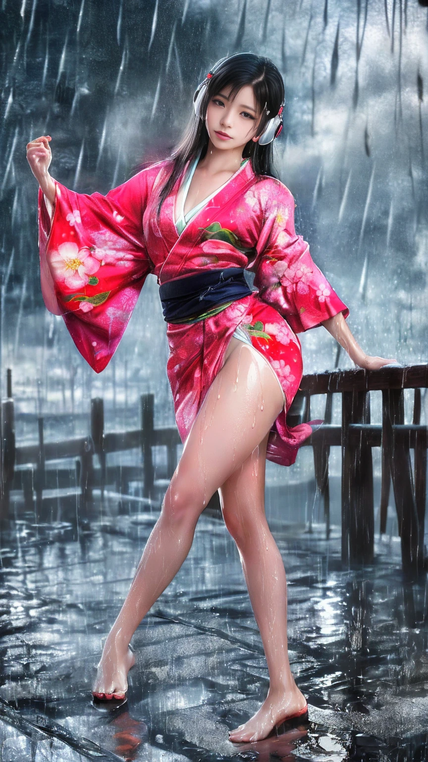 最high quality、high quality、Best image quality、、最High resolution、High resolution、最high quality、masterpiece、RAW Photos、whole body写真、Detailed and realistic human body、Detailed and realistic skin、Realistic face in every detail、Detailed and realistic eyes、Detailed and realistic lips、Detailed and realistic teeth、Detailed and realistic ears、Detailed and realistic hair、Realistic reproduction of every detail、((Beautiful Hands(thumb1、reference4))、Realistic feet down to the last detail、((Beautiful Japanese Girl))、(Japanese Model)、 Beautiful girl of years old))、(Black Hair)、(Random Hairstyles)、((whole body))、((Slim and perfect figure))、(Flat Chest、Small breasts)、(whole body光沢肌、Fair skin)、Mini length kimono、Hakama with slits、Japanese tradition、Japanese garden、Rain clouds spreading across the sky、Heavy rain weather、Pouring rain、Wind and rain storm、((Colorful floral pattern(See-through kimono dress))、((Pouring rainの中でリラックス(Poses to make your thighs look beautiful))、((Soaked skin from head to toe))、((Rain-soaked clothes(Rain dripping from clothes))、((The lines of her body are clearly visible through her wet kimono.))