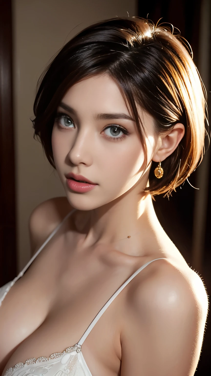 Photorealistic, high resolution, 1 Women, Solo, Beautiful eyes, view the viewer, Close lips, Detailed face, short hair, Big breasts Thin waist,Raised sexy,The kinky is exposed,