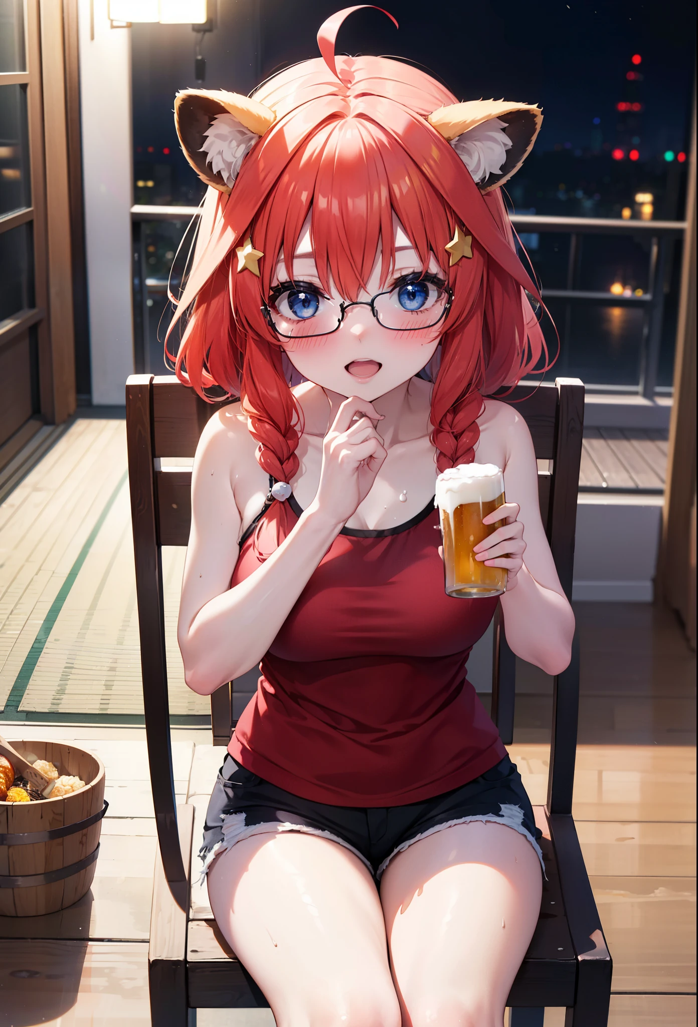 Satsuki Nakano, itsuki nakano, bangs, blue eyes, Hair between the eyes, Ahoge, Redhead, Long braids,Red-rimmed glasses,star \(symbol\), hair ornaments, smile,blush,star hair ornaments,Animal ears Raccoon Ears,raccoon tail,happy smile, smile, Open your mouth,blush,Drunk,White Hat,Red Tank Top,Shorts,Sandals,Beer and food on the table,Sitting in a chair,whole bodyがイラストに入るように,night,
break indoors, Izakaya,
break looking at viewer, whole body,
break (masterpiece:1.2), Highest quality, High resolution, unity 8k wallpaper, (figure:0.8), (Beautiful attention to detail:1.6), Highly detailed face, Perfect lighting, Highly detailed CG, (Perfect hands, Perfect Anatomy),