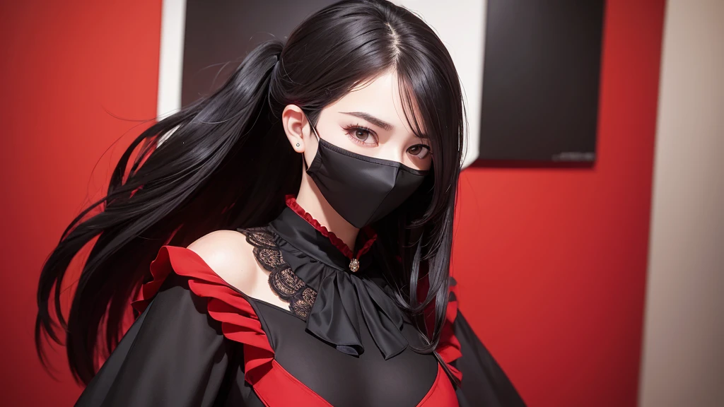 Face mask, Elegant dress, black and red, potrait, dark gradient, chest
