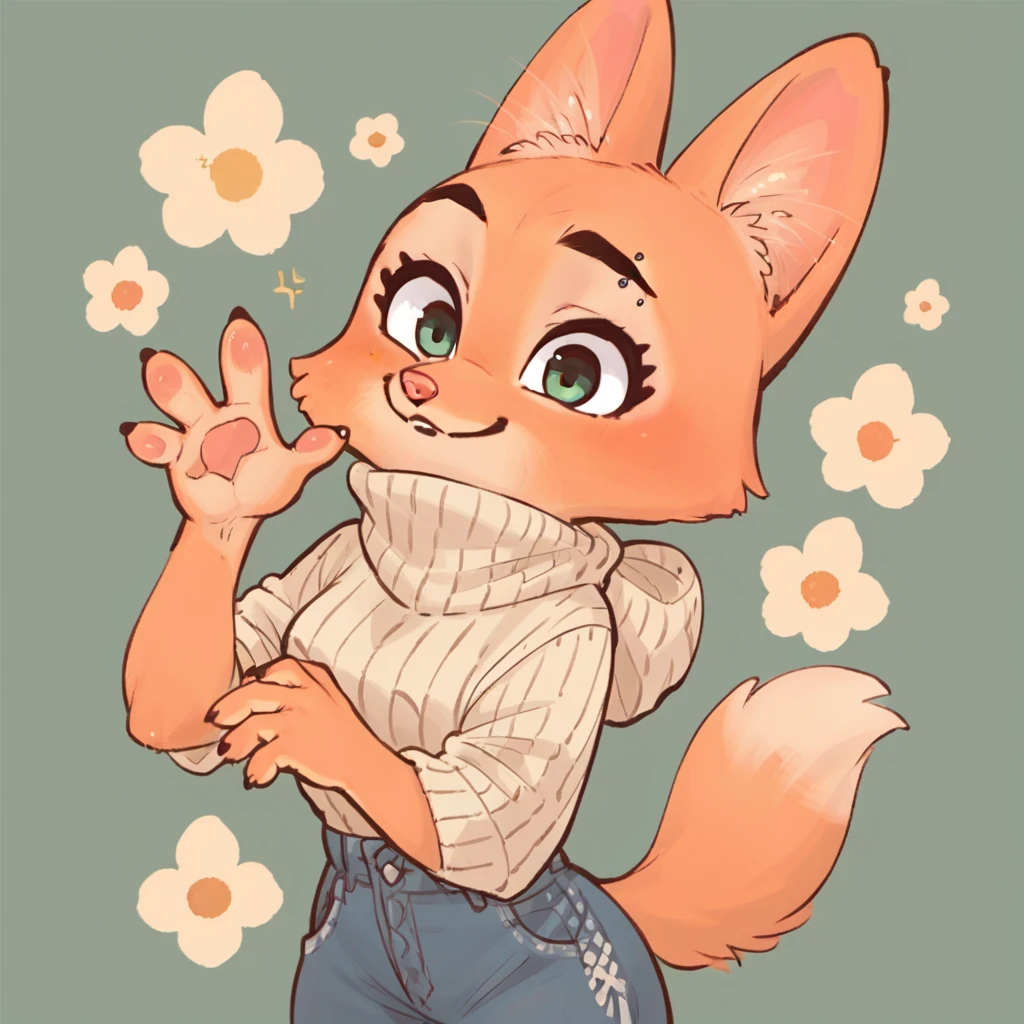 zPDXL, score_9, score_8_up, score_7_up, score_6_up, score_5_up, score_4_up, Diane_Foxington, fox, ginger fur, sharp black eyebrows, silver piercings on eyebrow, dusty-pink nose, black eyelashes, chibi, cute
