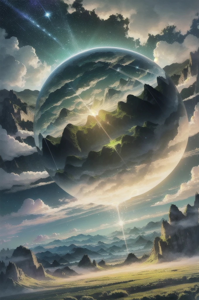 A giant mirror sphere floating in space, flickering lights,  (heaven like green fields surrounded by high mountains and clouds:1.3), particles in the air, god rays, stars in the background, intricate fractals, detailed, (illustration), masterpiece, high resolution, best quality.