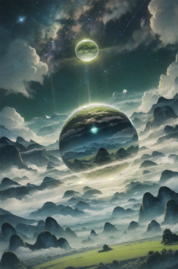 A giant mirror sphere floating in space, flickering lights, (heaven like green fields surrounded by high mountains and clouds:1.3), particles in the air, god rays, stars in the background, intricate fractals, detailed, (illustration), masterpiece, high resolution, best quality.