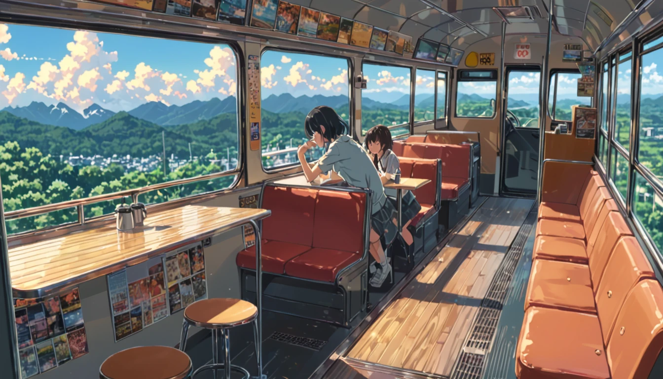 ((anime:1.4,illustration)),(masterpiece, top quality, best quality),(ultra-detailed, absolutely resolution),((16k, high res)), (((cafe in side of bus))), ((anime:1.4,illustration)),(masterpiece, top quality, best quality),(ultra-detailed, absolutely resolution),((16k, high res)). BREAK {lofi art, style of Laurie Greasley, style of Makoto Shinkai, anime aesthetic}, BREAK { (produces images with information than 40 million pixels with cinematic-like detailed textures shot on a Sony SLR).}