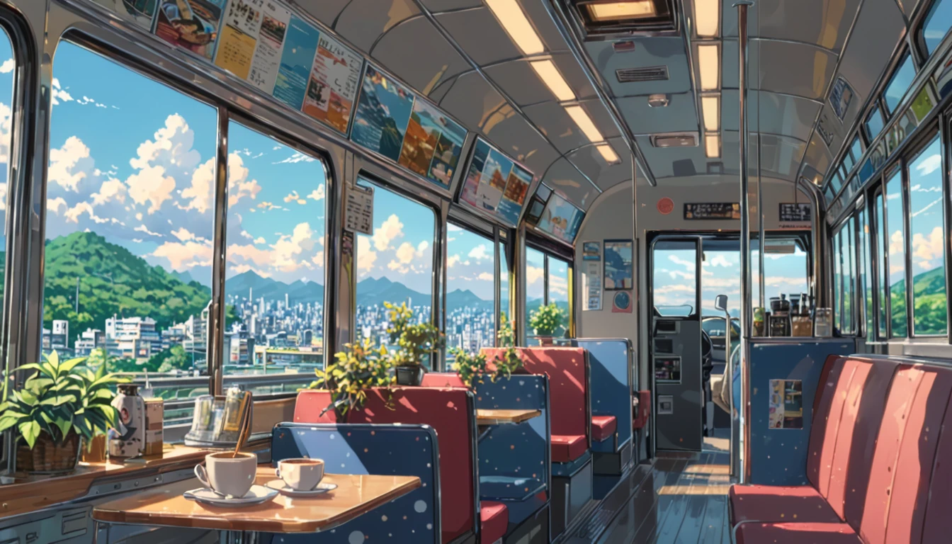 ((anime:1.4,illustration)),(masterpiece, top quality, best quality),(ultra-detailed, absolutely resolution),((16k, high res)), (((cafe in side of bus))), ((anime:1.4,illustration)),(masterpiece, top quality, best quality),(ultra-detailed, absolutely resolution),((16k, high res)). BREAK {lofi art, style of Laurie Greasley, style of Makoto Shinkai, anime aesthetic}, BREAK { (produces images with information than 40 million pixels with cinematic-like detailed textures shot on a Sony SLR).}