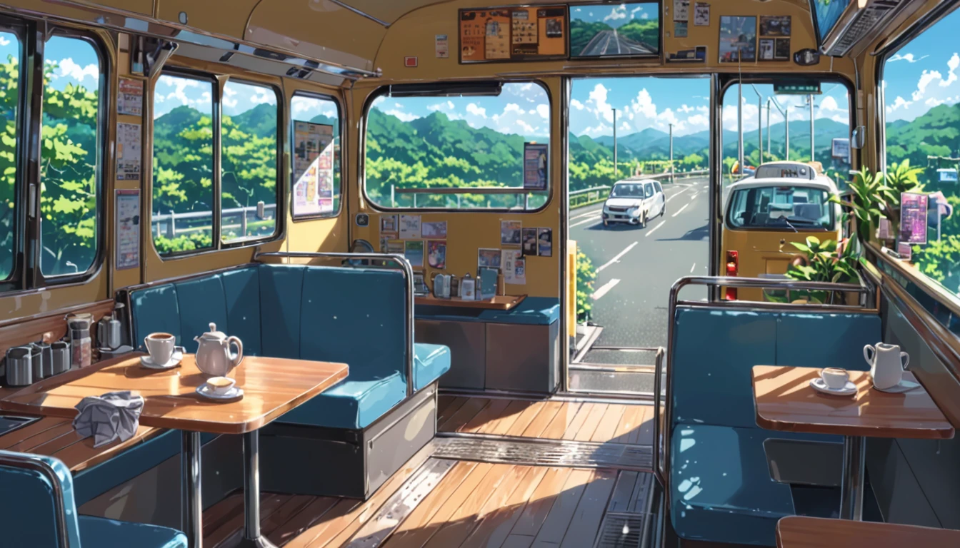((anime:1.4,illustration)),(masterpiece, top quality, best quality),(ultra-detailed, absolutely resolution),((16k, high res)), (((cafe in side of bus))), ((anime:1.4,illustration)),(masterpiece, top quality, best quality),(ultra-detailed, absolutely resolution),((16k, high res)). BREAK {lofi art, style of Laurie Greasley, style of Makoto Shinkai, anime aesthetic}, BREAK { (produces images with information than 40 million pixels with cinematic-like detailed textures shot on a Sony SLR).}